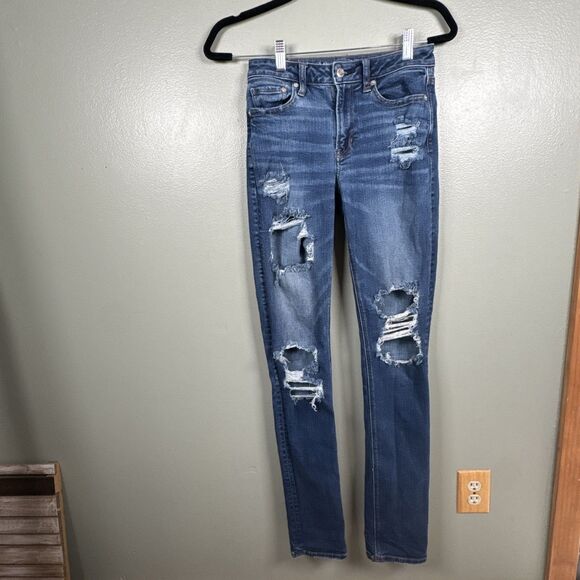 American Eagle Stretch Distressed Hi-Rise Slim Jeans Sz 0 X-Long 34" Inseam - Picture 1 of 11